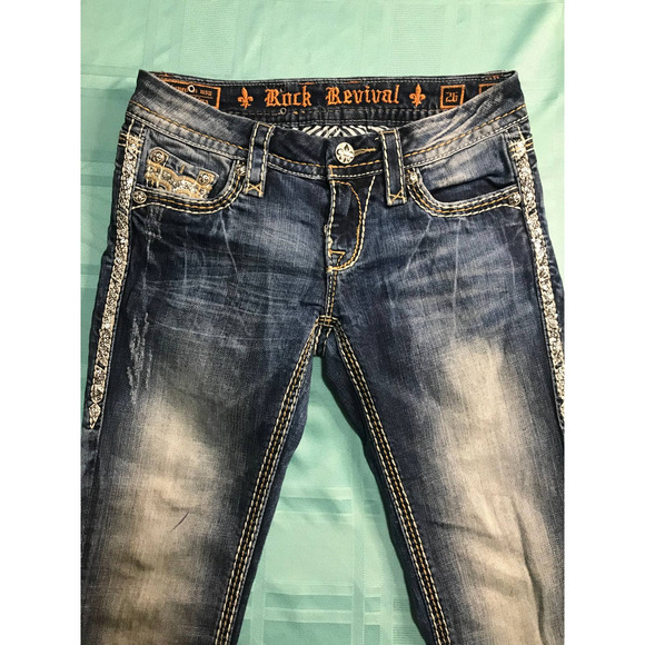 Rock Revival Jeans 26 Capri Blue White 